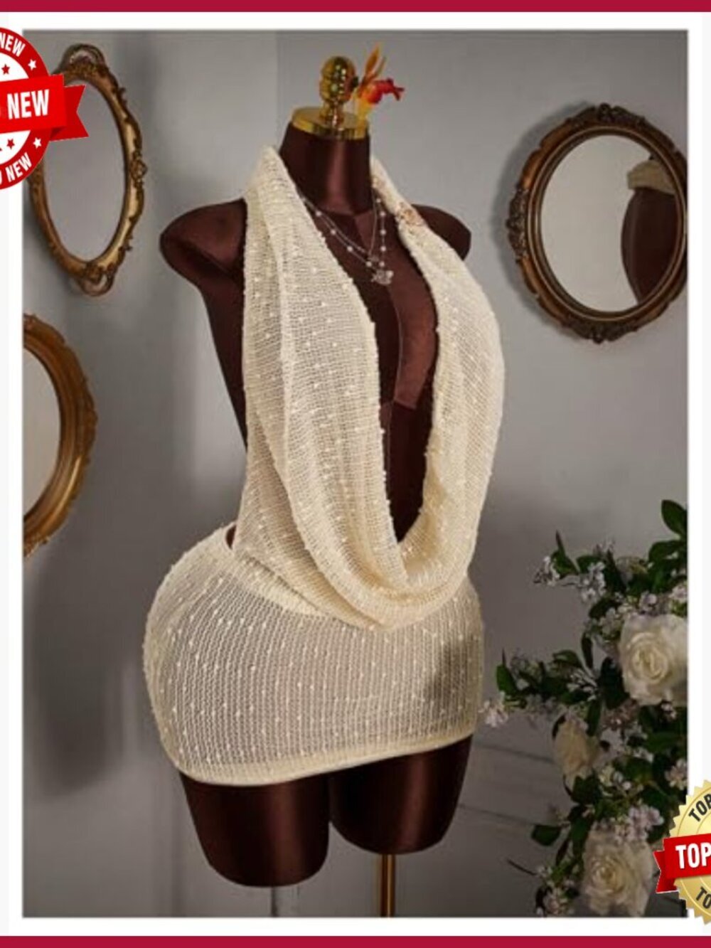 Mesh Halter Mini Dress Deep V Neck Backless Bodycon Party Club - Picture 4 of 5